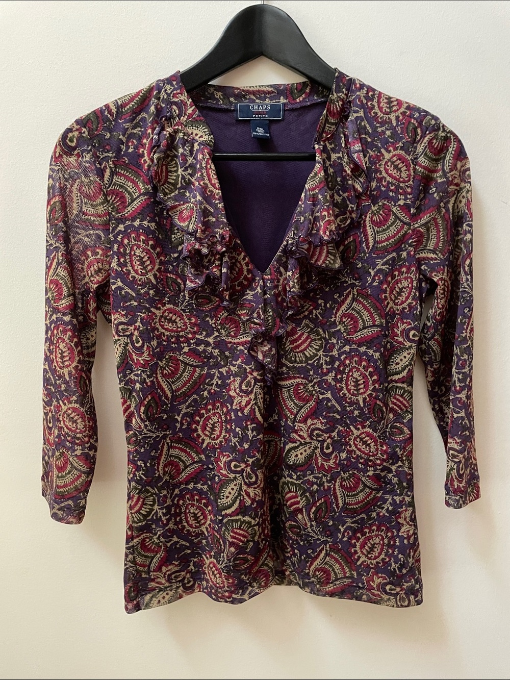 Chaps Purple Paisley Ruffle V-Neck Blouse